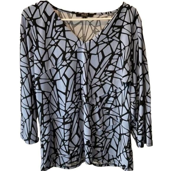 Alex Marie Geometric Blue-Violet Black Asymmetry Layers Blouse Women Size L - Picture 2 of 7